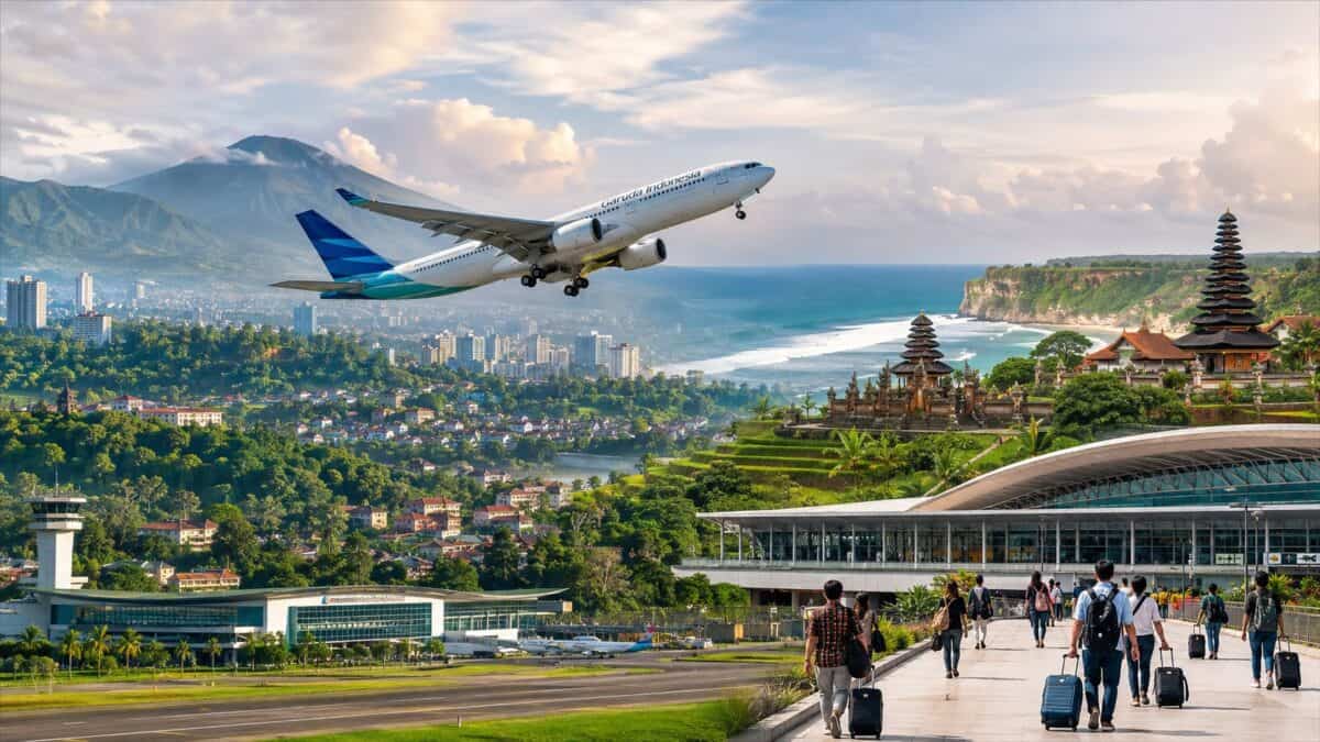 Garuda indonesia aircraft linking bandung and bali on the restored nonstop domestic route.