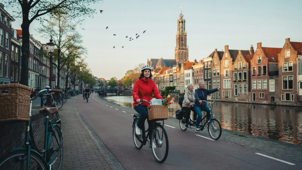 People riding bicycles along canal in european city