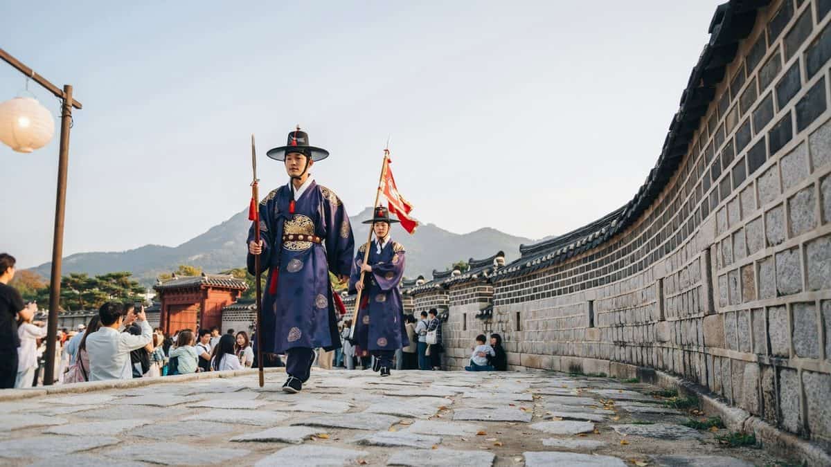 Royal guards in traditional hanbok walking along fortress wall