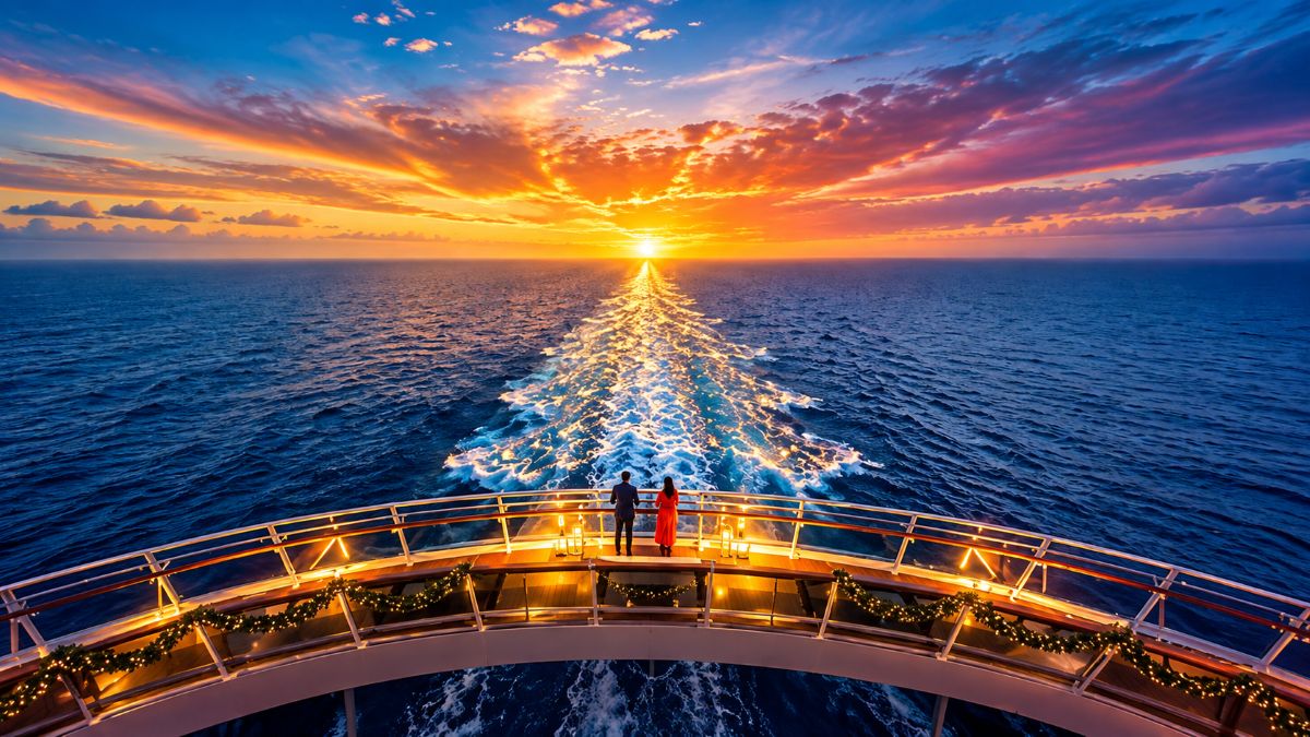 A couple stands on the rear deck of a cruise ship watching a golden sunset over the open ocean, with the ship&rsquo;s illuminated wake stretching towards the horizon.