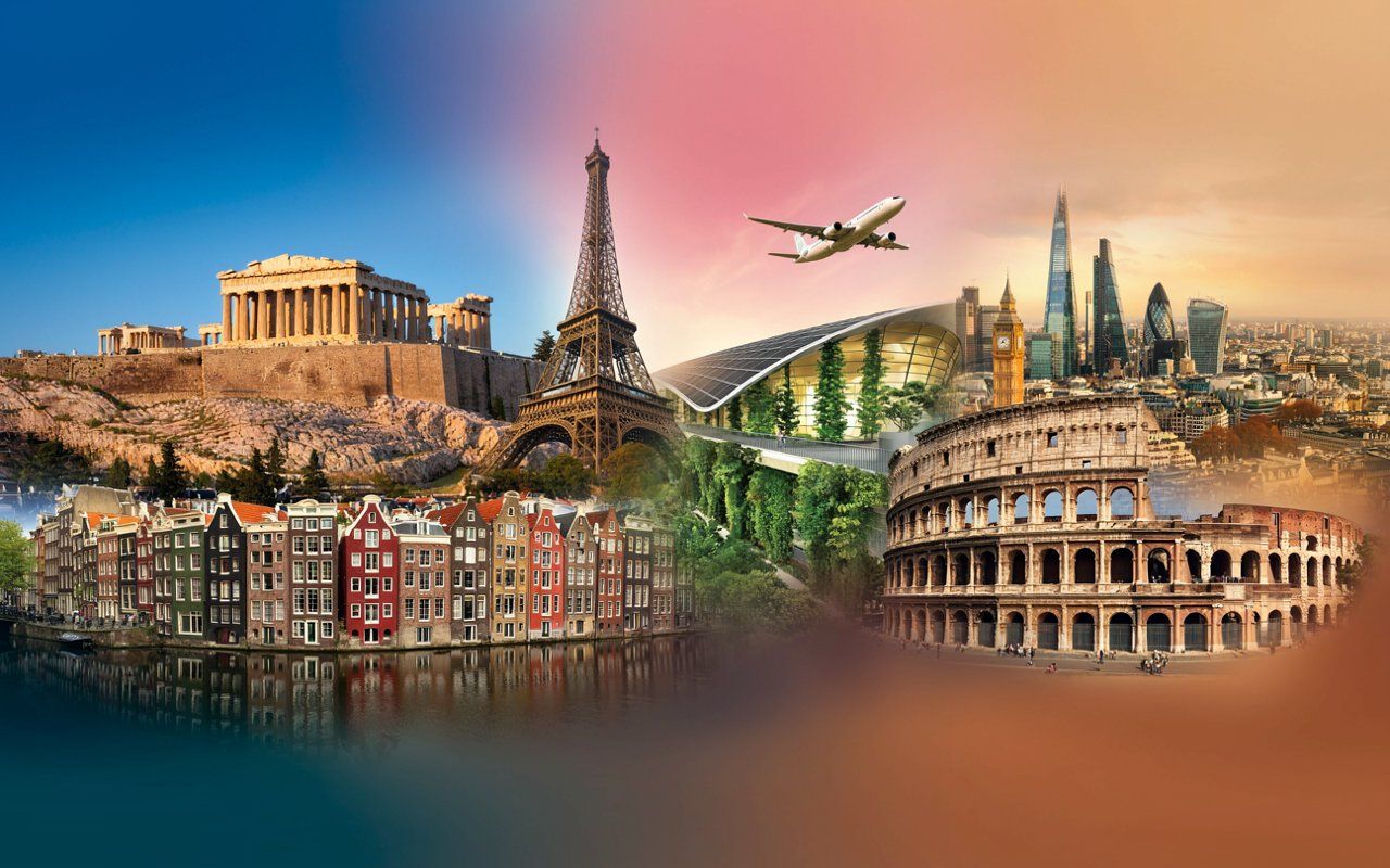 . A seamless, artfully blended mosaic featuring five iconic European destination