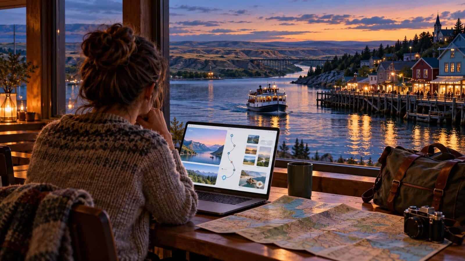 Traveller using ai travel planning to explore lesser-known canadian destinations.