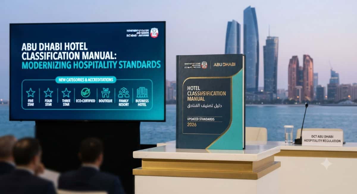 An official graphic representation and branding showcase of the newly updated hotel classification manual implemented by regulatory authorities in abu dhabi.