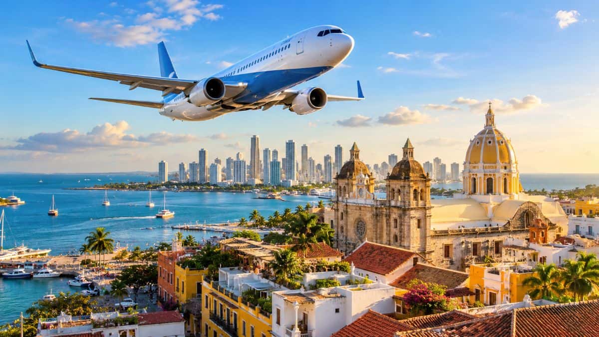 Aerolíneas argentinas boeing 737 max 8 flying towards cartagena’s caribbean coastline with historic architecture and turquoise waters below