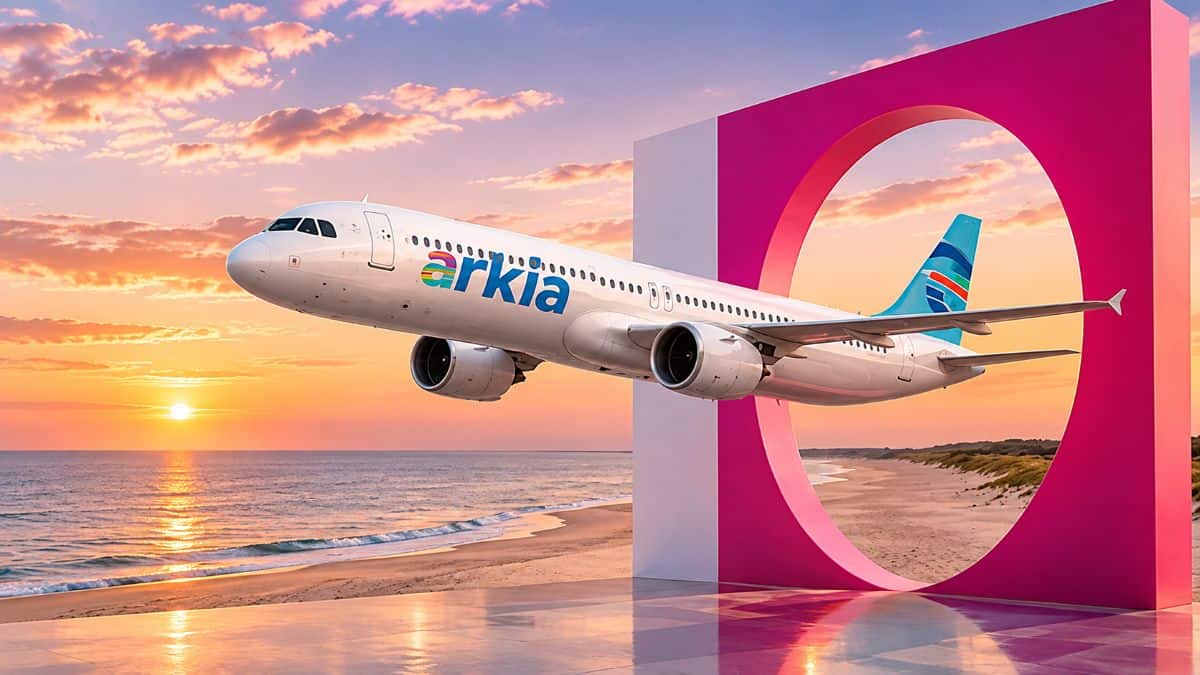Arkia airbus a330-200 flying over manila skyline during a bright tropical sunset, representing new tel aviv-manila international air connectivity.