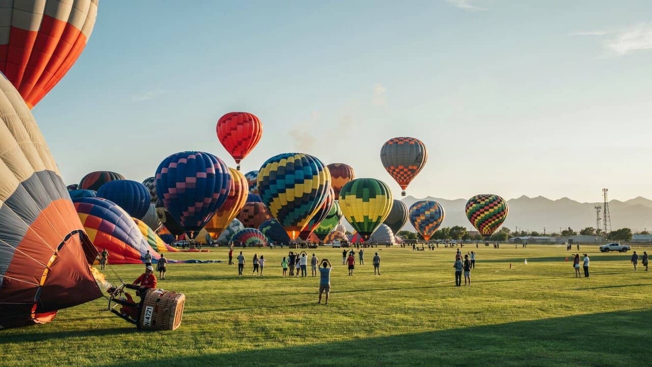 Dozens of colorful hot-air balloons launch over balloon fiesta park in albuquerque at sunrise