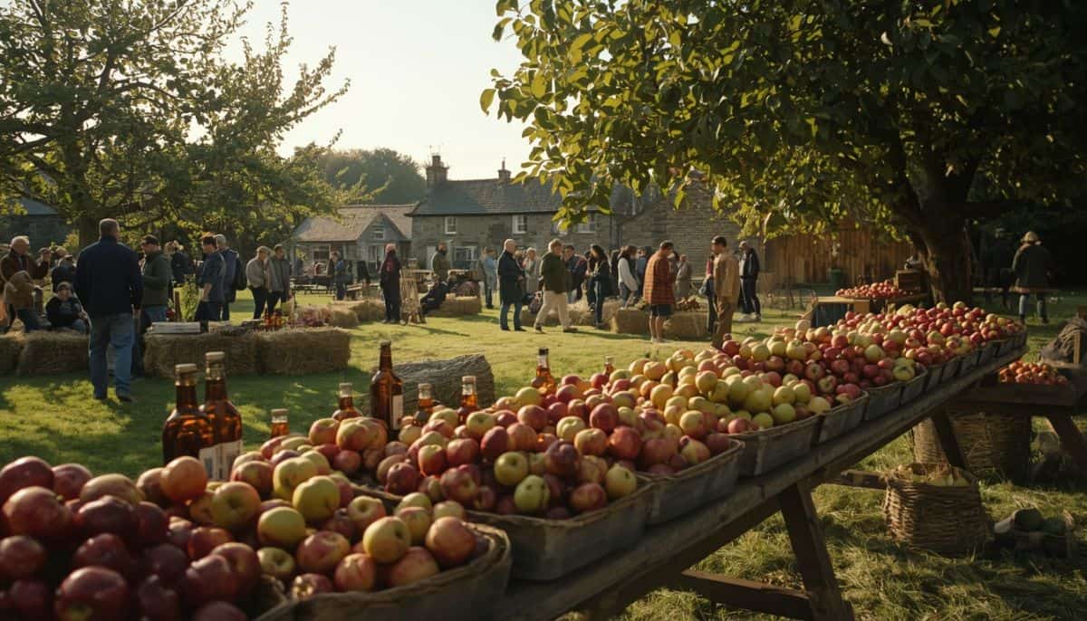 Visitors enjoying the apple day festival at the organic centre in rossinver, co. Leitrim, with baskets of freshly harvested heritage apples in the foreground.