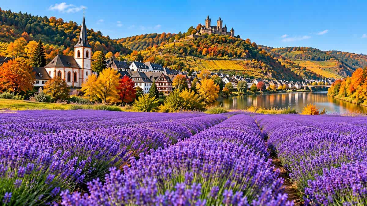 Autumn landscape in germany showing colourful woodland, vineyards and historic scenery suitable for a seasonal travel feature.
