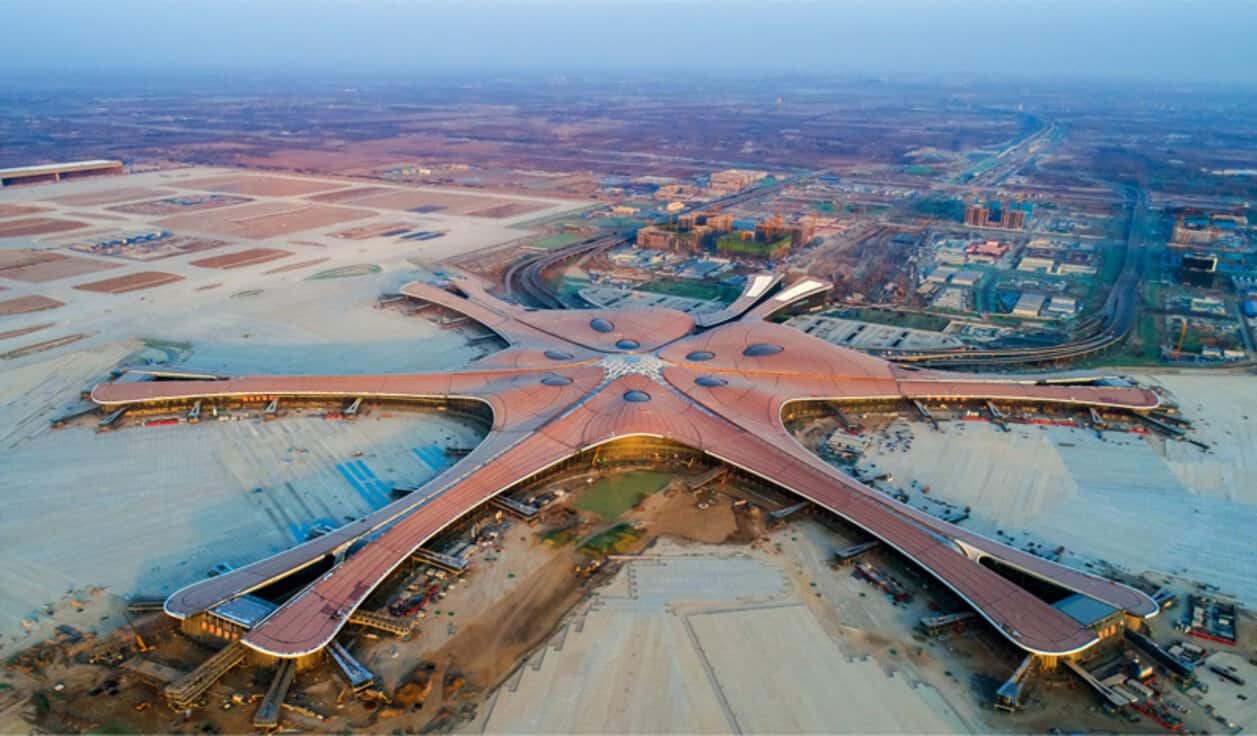 Aerial view of beijing daxing international airport amid new beijing airspace restrictions