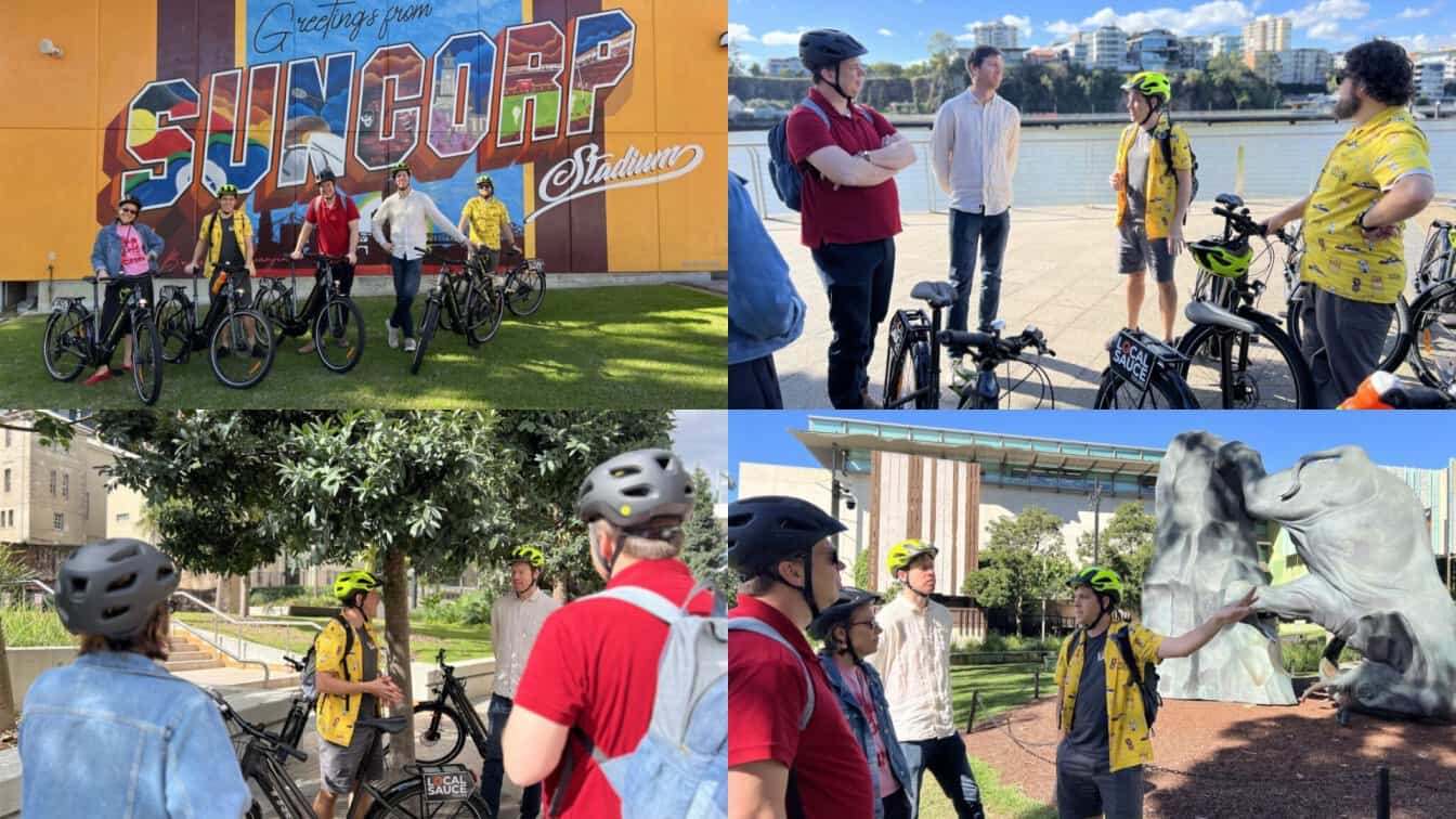 Local sauce tours guests enjoying brisbane e-bike food tours while exploring city landmarks and scenic cycling routes.