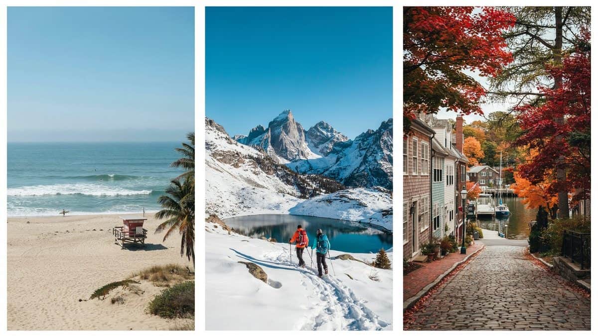A scenic travel collage showing a california beach, colorado mountains, and a historic connecticut coastal town