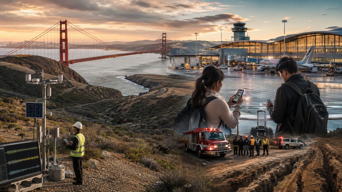 California travellers prepare for earthquake risks near san francisco airport and golden gate bridge