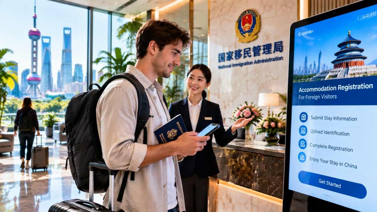 International traveller completing digital accommodation registration before a private stay in china
