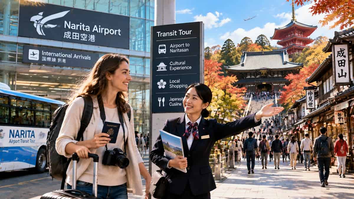 International travellers exploring naritasan shinshoji temple during narita airport free transit tours in japan