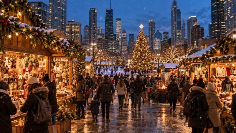 America’s Christmas market economy attracts visitors to illuminated festive stalls in a major US city.