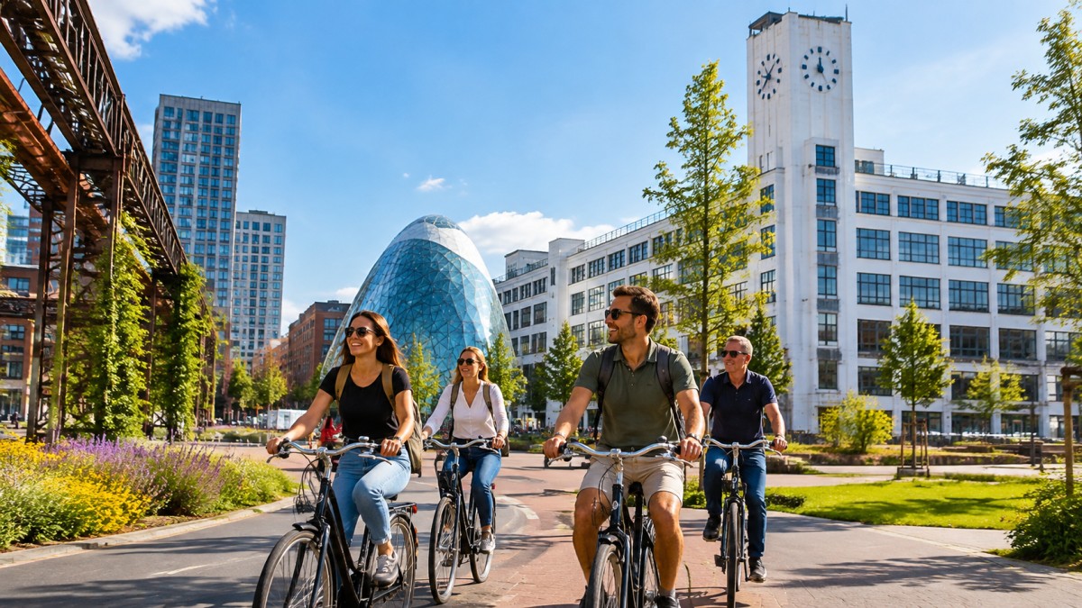 Cyclists riding through modern city
