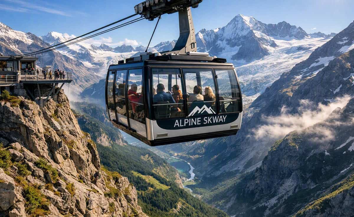 Ropeway - travel and tour world Travellers enjoying a breathtaking cable car journey above mountains with panoramic views of a scenic destination