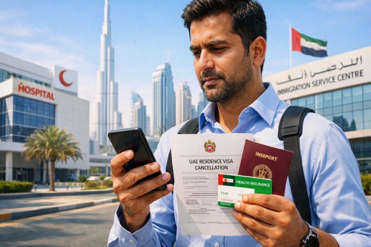 Foreign worker in dubai checking uae visa cancellation and health insurance documents