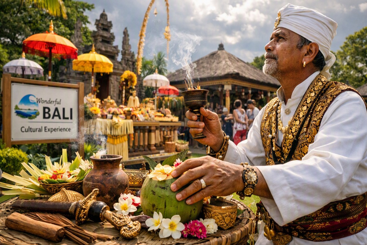 Balinese juru terang practitioner performing traditional rain ritual during a cultural ceremony in bali