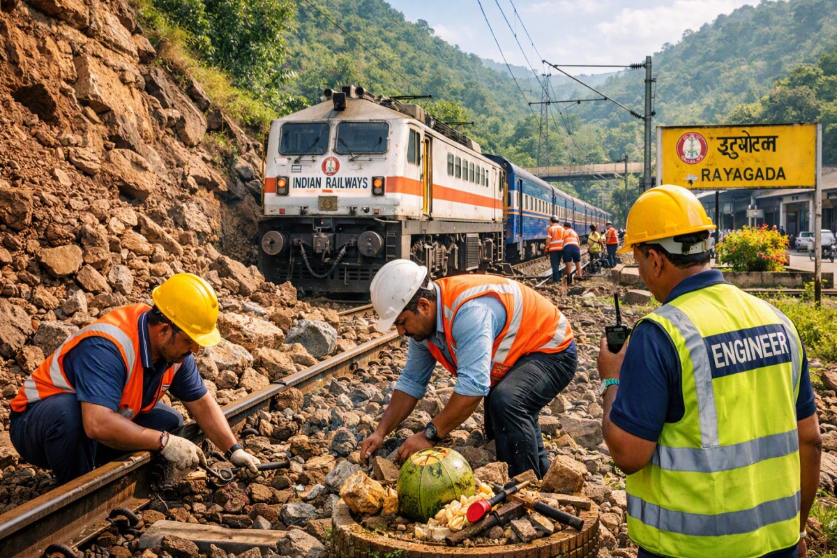 Railway track restoration work after landslide disruption in odisha rayagada division