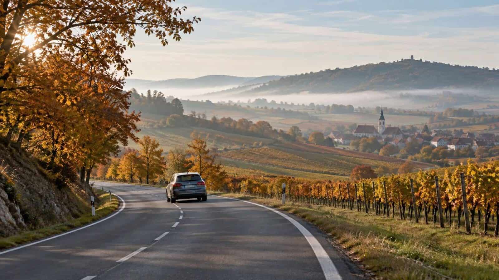 Car on an autumn road in czechia during the october fuel price cap