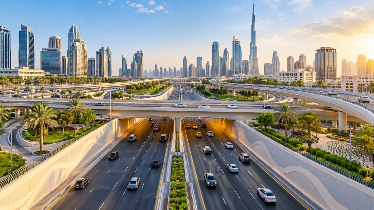 Dubai’s upgraded oud metha road featuring modern bridges, tunnels and multilane infrastructure supporting smoother urban travel.