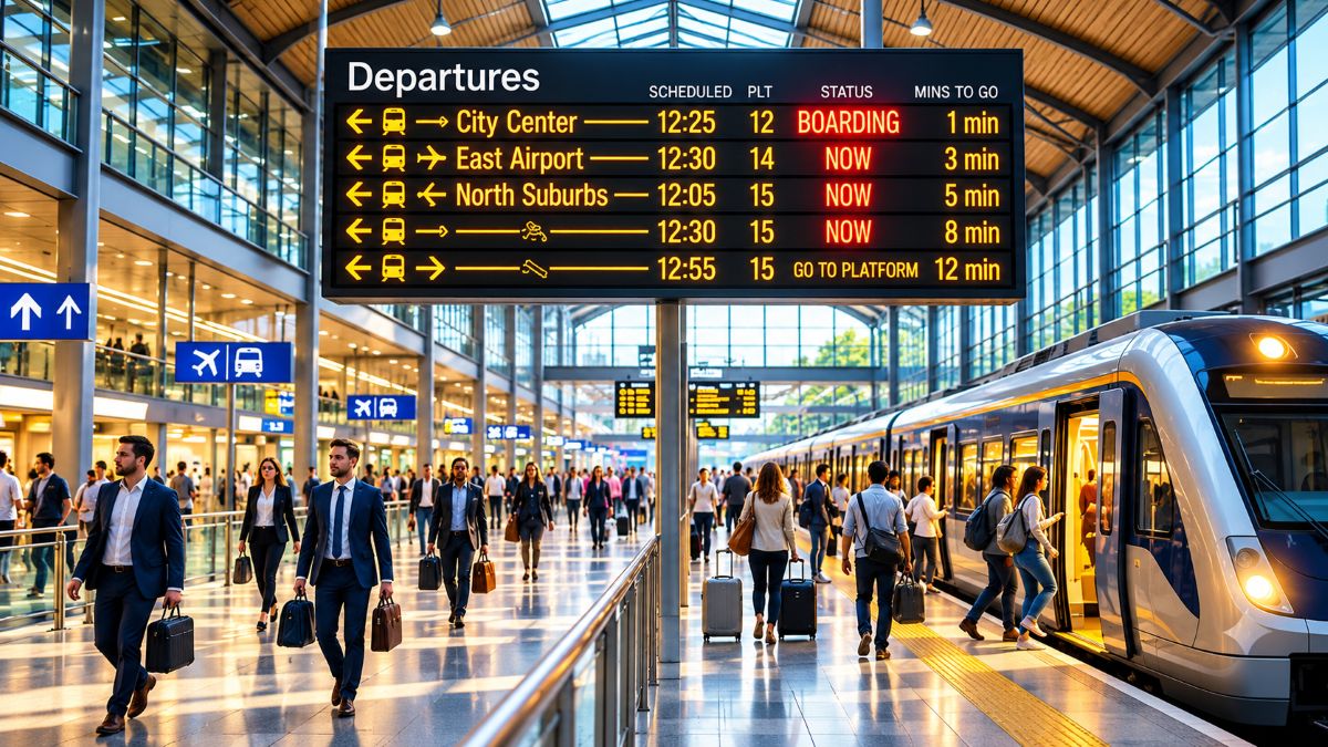 Electronic departures board displaying real-time boarding alerts and minute indicators for approaching commuter trains.