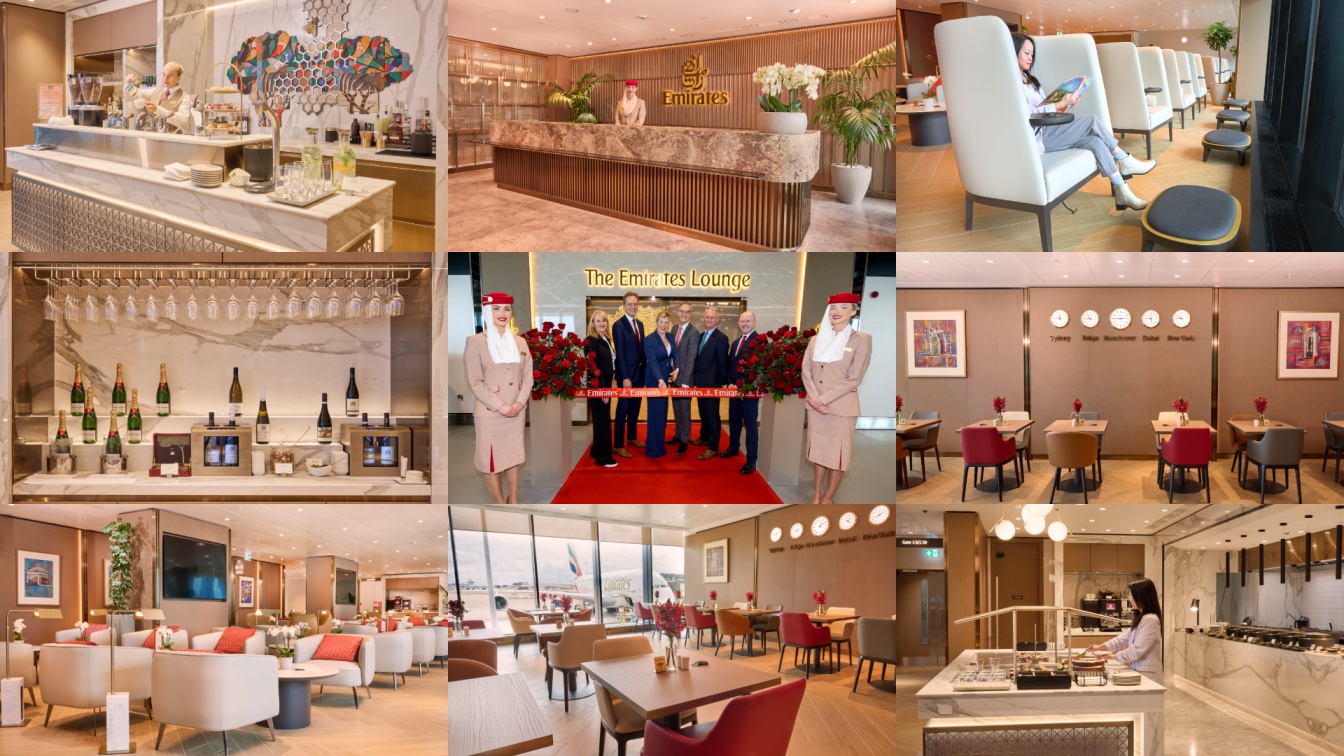 Emirates manchester airport terminal 2 lounge featuring luxury seating dining areas and premium travel facilities