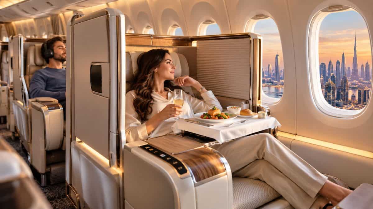 Emirates premium economy cabin on an airbus a350 with spacious seats and adjustable privacy screens