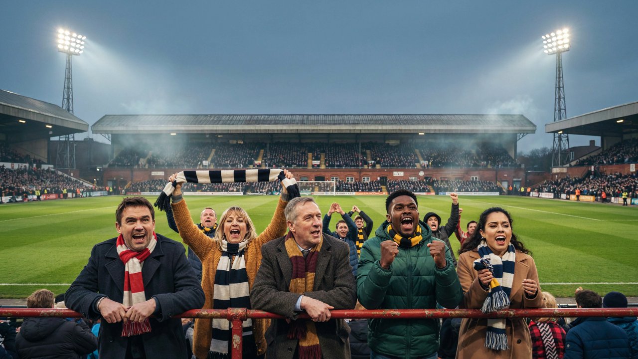 Passionate football supporters cheering under stadium floodlights at an english football league match.
