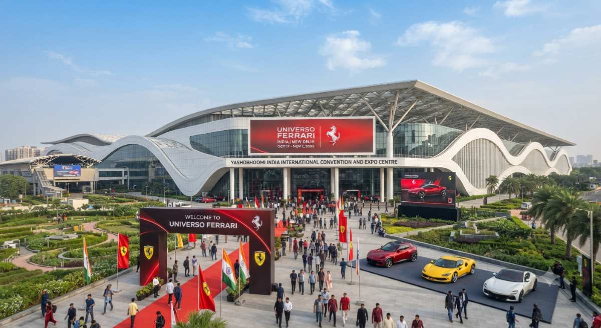 The exterior view of the yashobhoomi india international convention and expo centre hosting the universo ferrari exhibition.