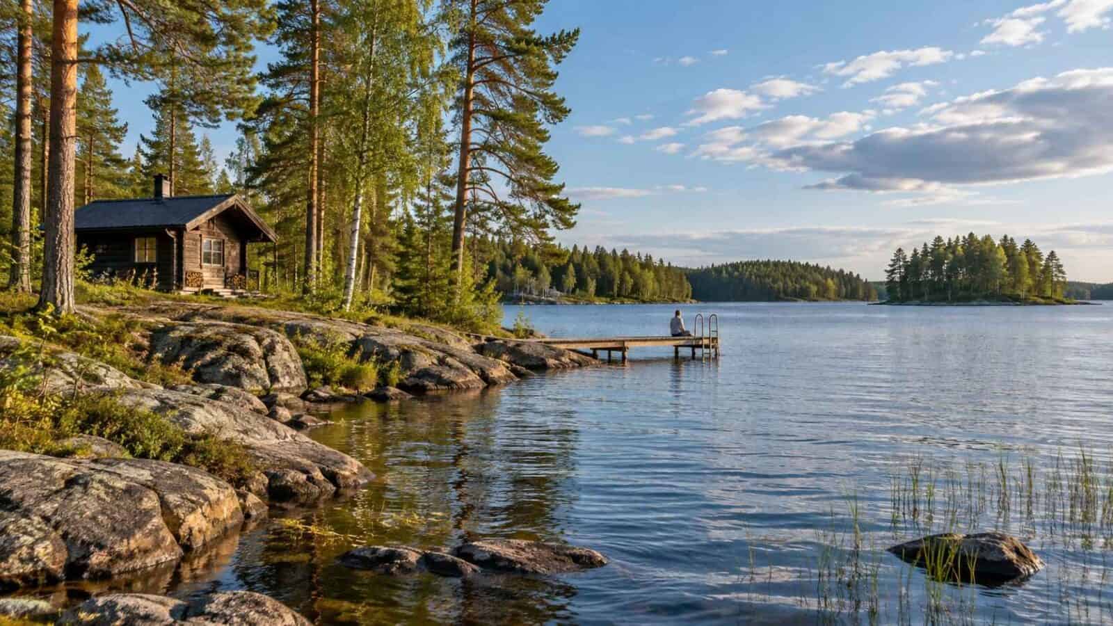 Traveller beside a finnish lake and sauna during a summer holiday.