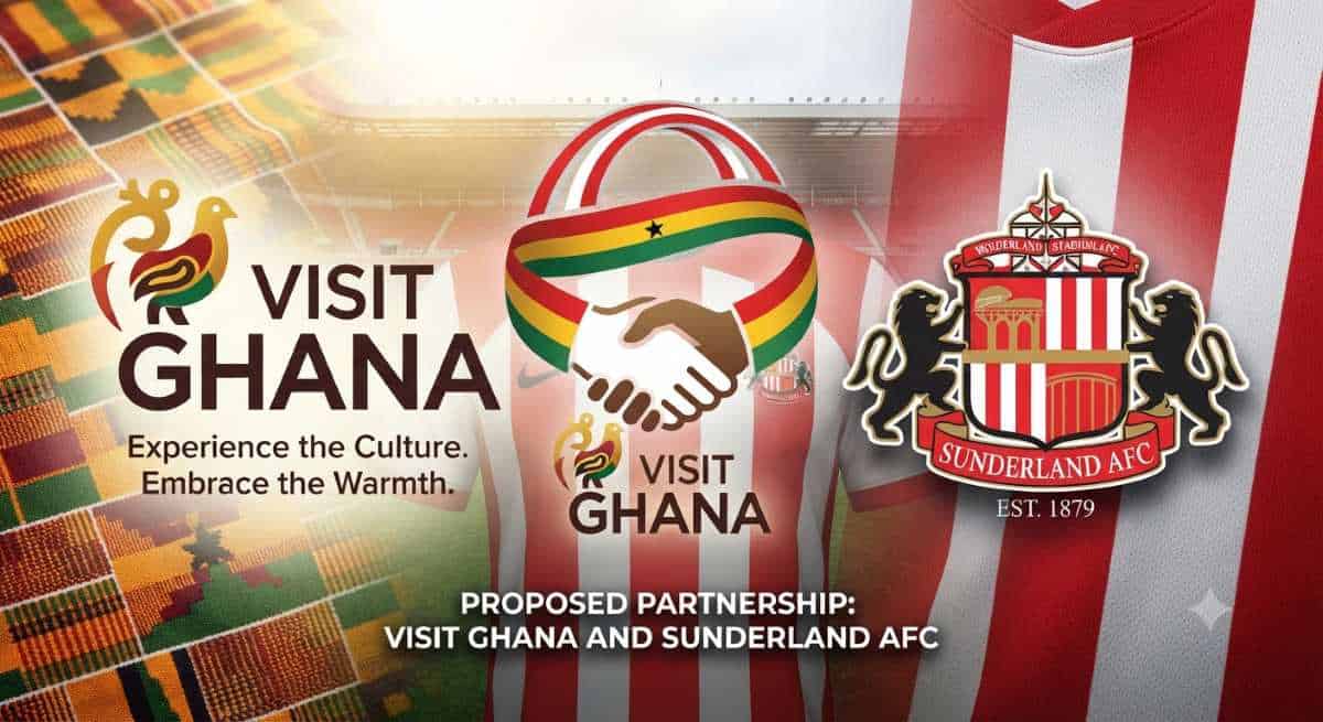 Visit ghana promotional logo displayed alongside the sunderland afc football crest for the reported premier league shirt partnership.