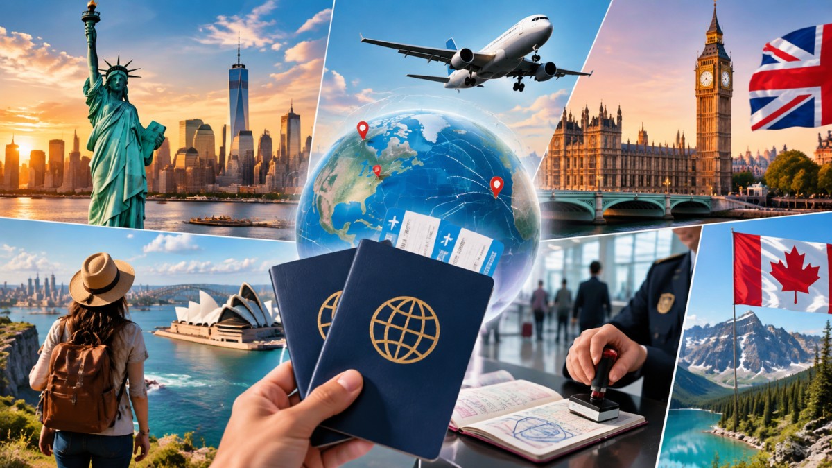 Passports and global travel landmarks