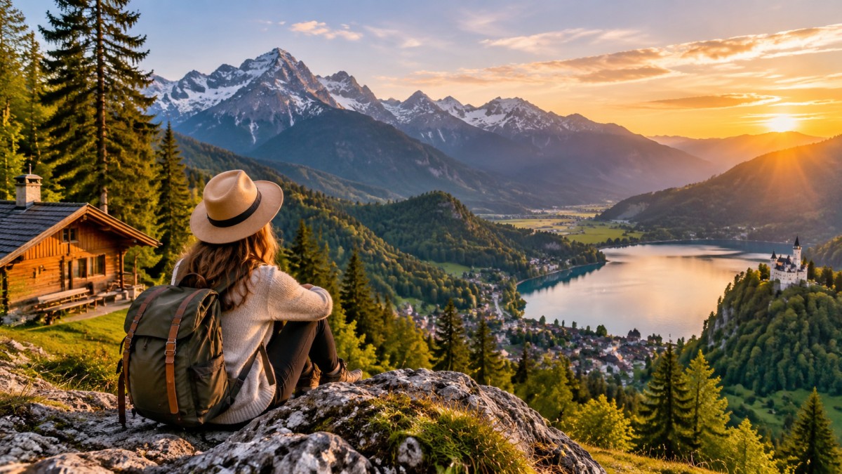 Hiker overlooking alpine mountain lake