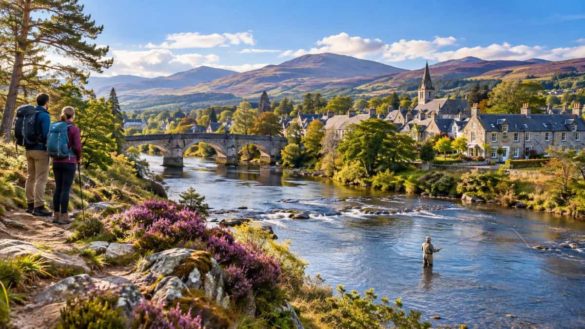 Grantown-on-spey in scotland surrounded by highland forests and mountains with scenic walking trails and traditional town architecture.