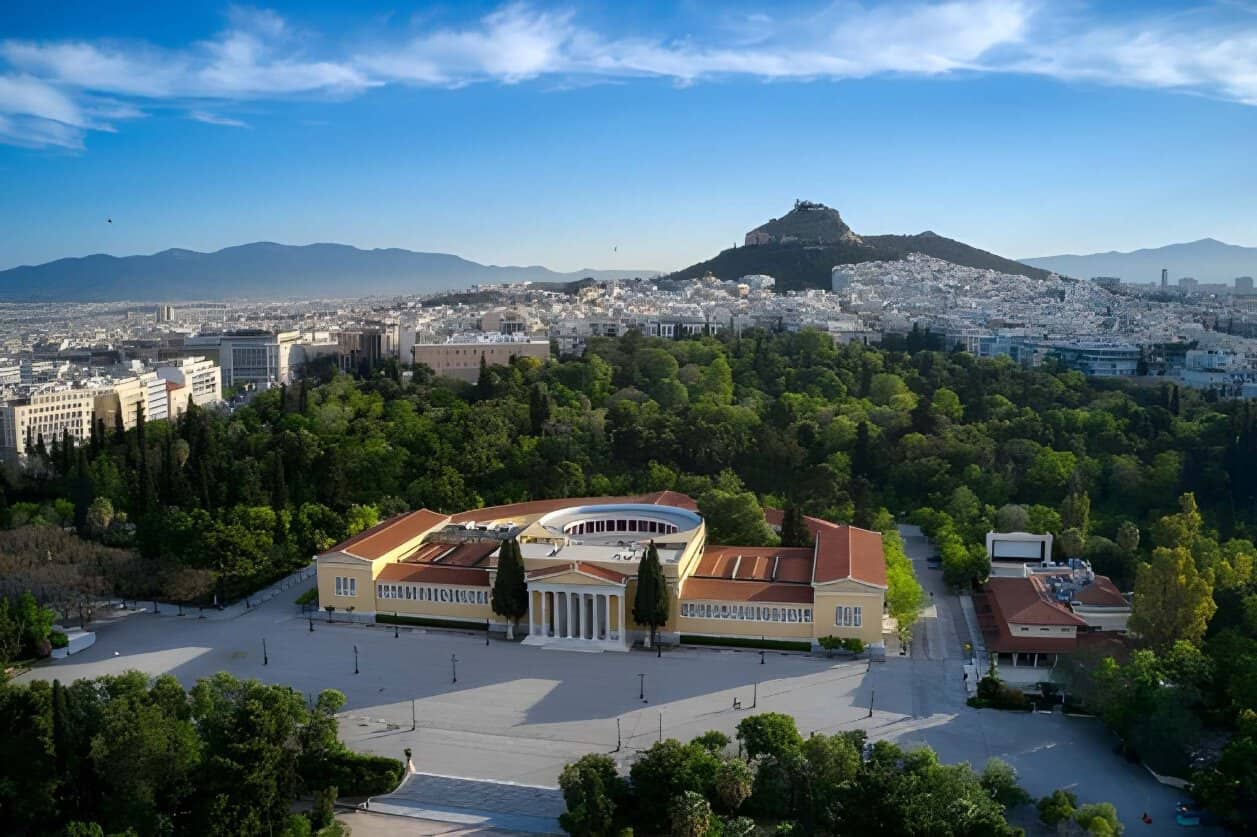 Aerial view of zappeion hall and mount lycabettus in athens, greece.