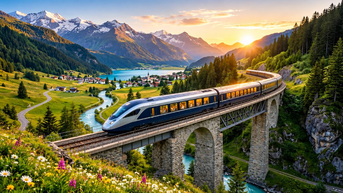 High-speed modern electric passenger train travelling through a picturesque rural european valley.