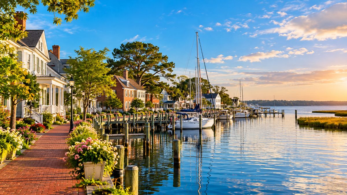 Historic onancock waterfront in virginia with a peaceful harbour, walkable streets, traditional architecture and chesapeake bay scenery.