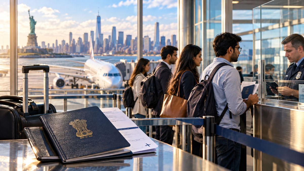 International professionals walking through a modern US airport terminal representing H-1B visa travel, global employment and skilled migration.
