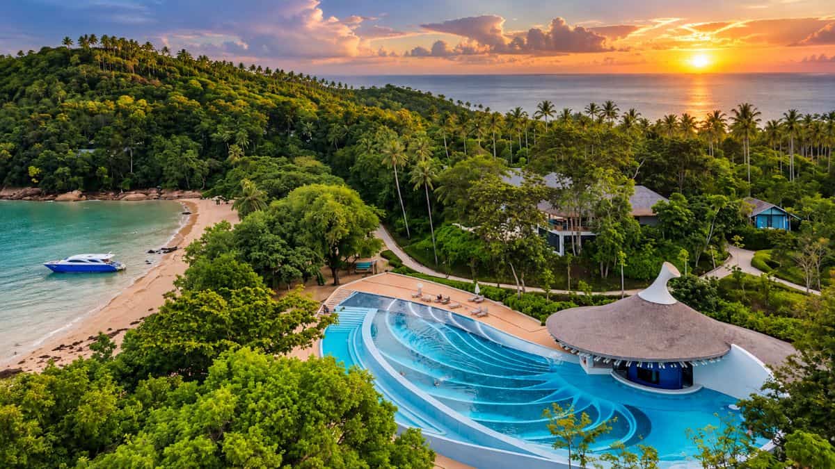 Island Escape by Burasari on Koh Maphrao near Phuket featuring tropical landscaping, private villas and a tranquil beachfront setting.