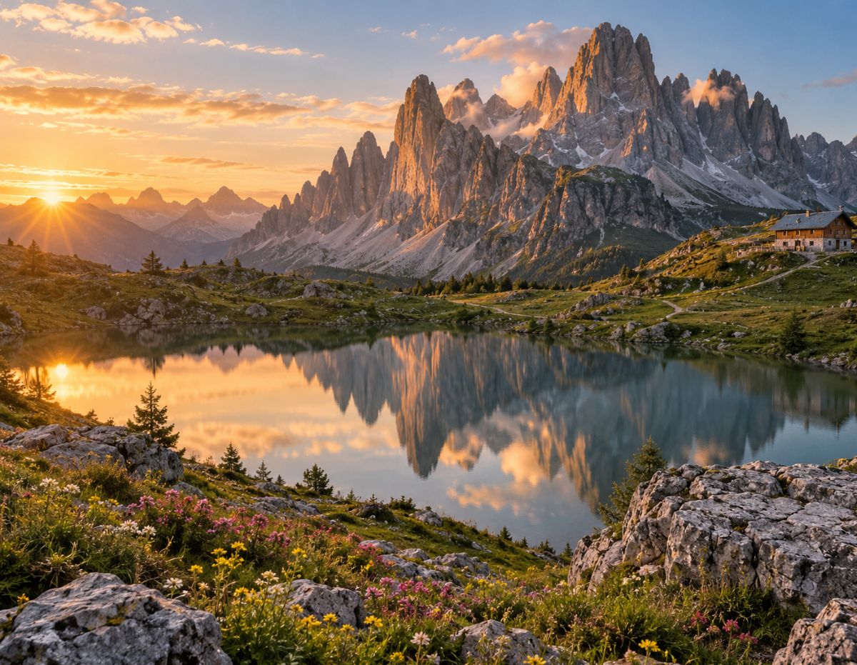 Italian dolomites peaks reflected in a calm alpine lake beside wildflowers and a rustic mountain lodge.