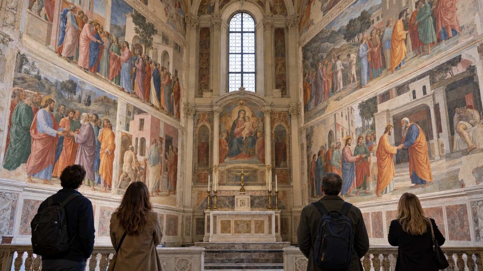 Italy art tourism illustration showing visitors admiring renaissance frescoes inside florence brancacci chapel.