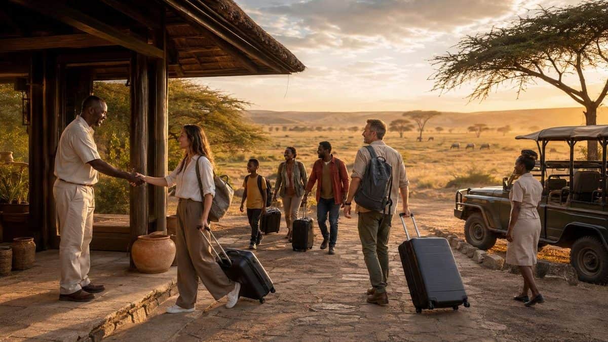 Domestic and international tourists arriving at a kenyan safari lodge during kenya’s tourism growth