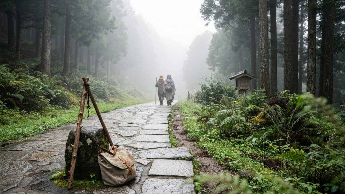 Pilgrims walking through the forested kumano kodo in wakayama.
