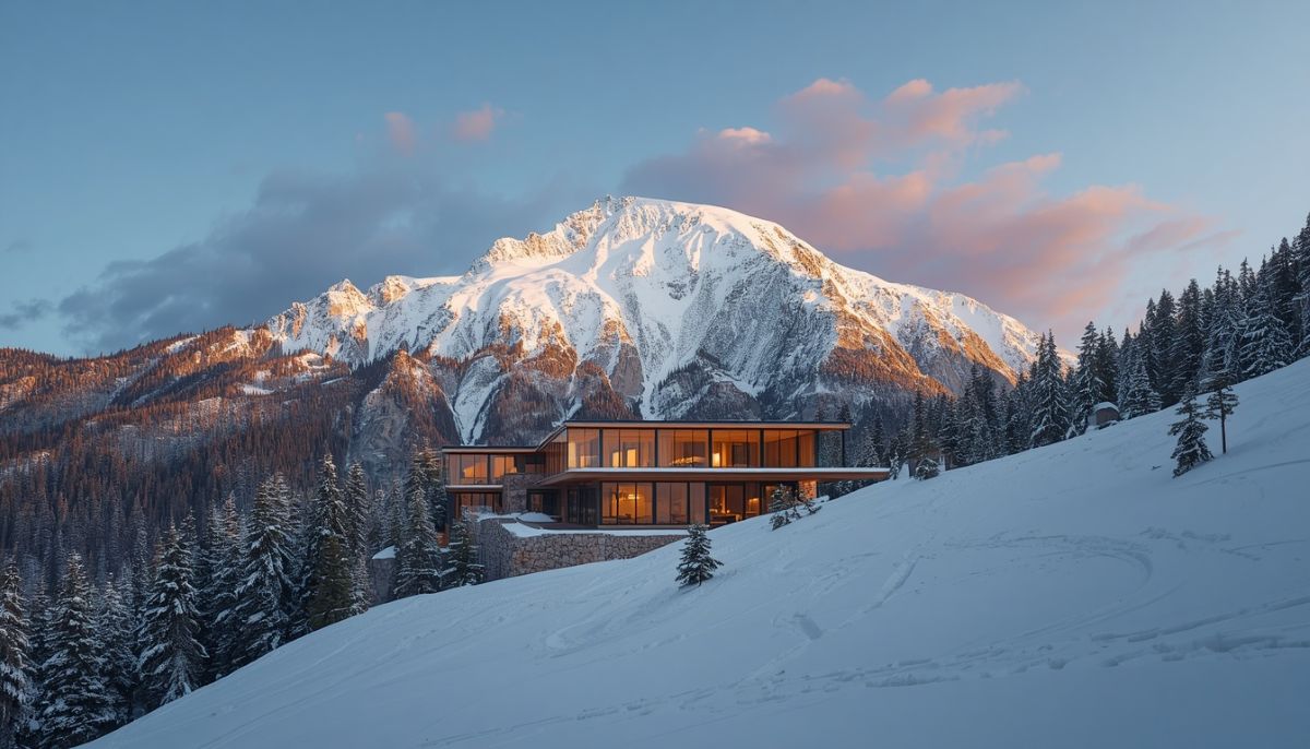 A modern glass and stone resort lodge nestled on a snowy mountainside at sunrise, with towering, snow-covered peaks glowing under a pink and blue sky in the kurdistan region.