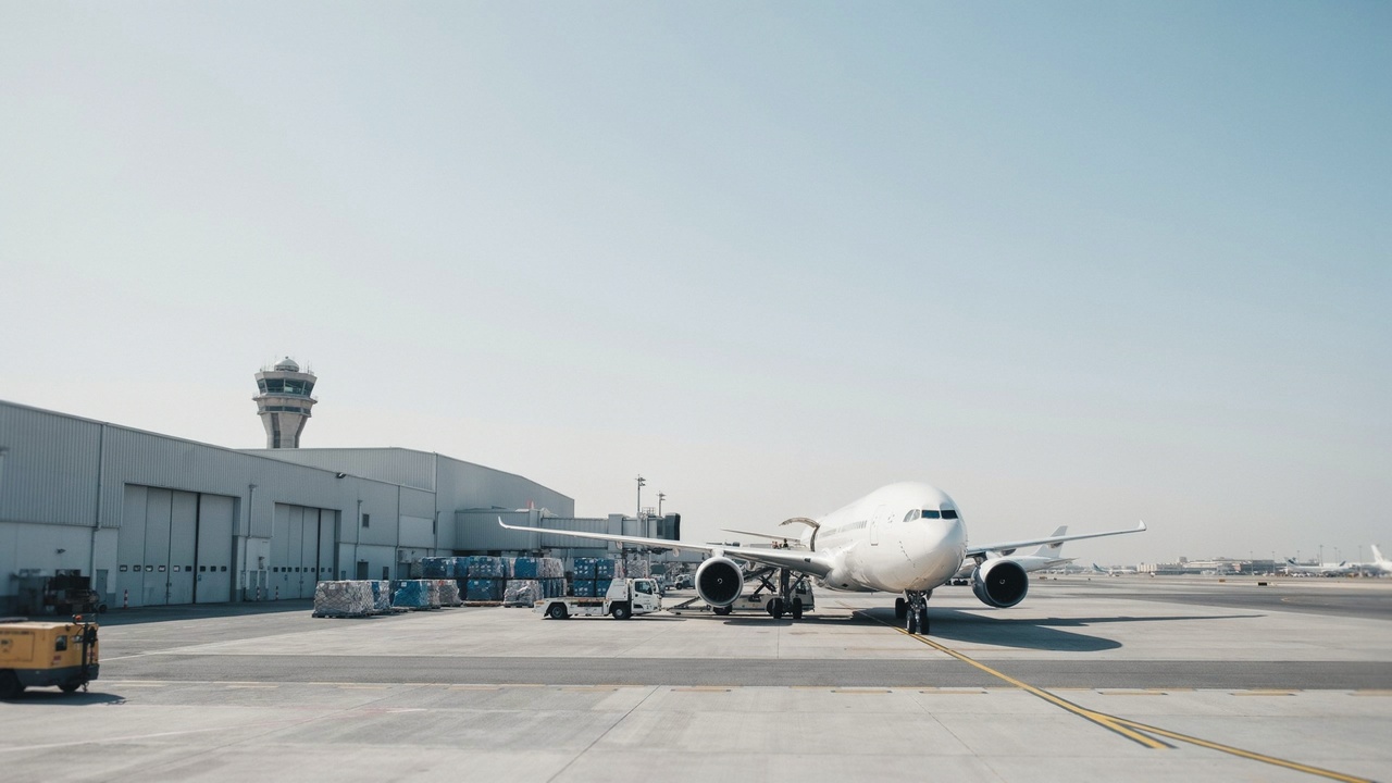 Kuwait airways aircraft at kuwait international airport supporting air cargo operations