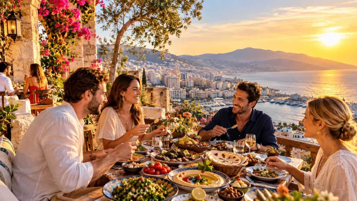 Lebanon cultural dining experience with travellers enjoying traditional mezze on a scenic mediterranean terrace overlooking the coastline at sunset.