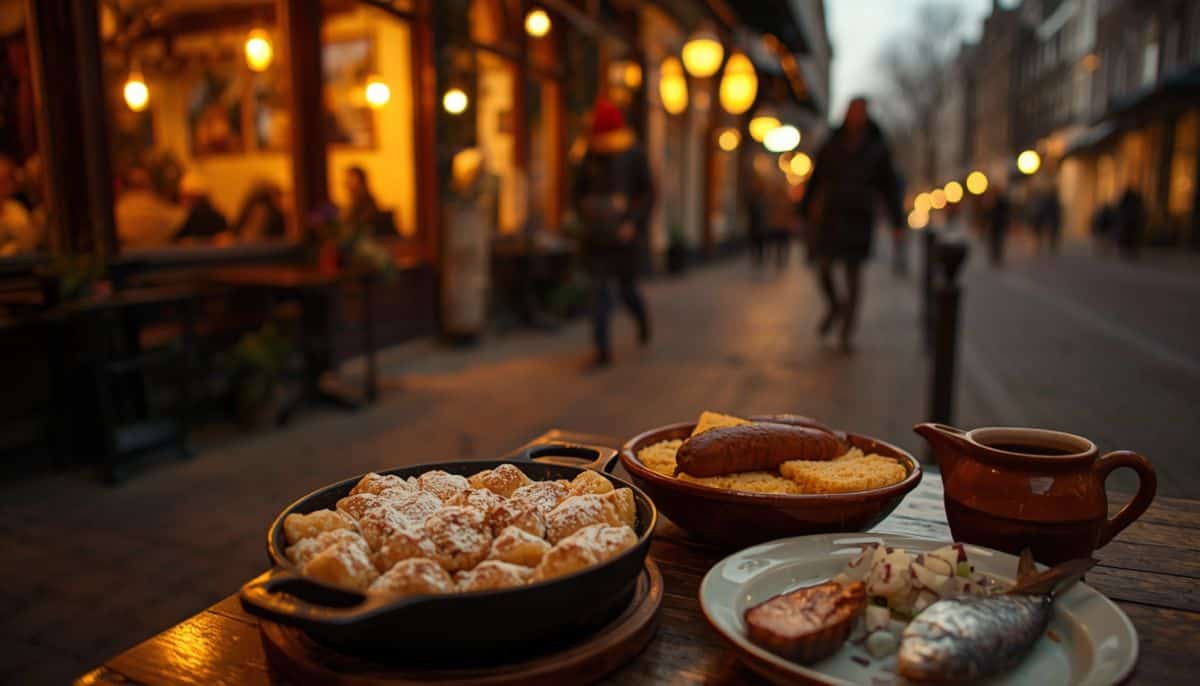 Traditional dutch dishes, including poffertjes, stamppot, and herring on a table at a restaurant on leidsekruisstraat in amsterdam.