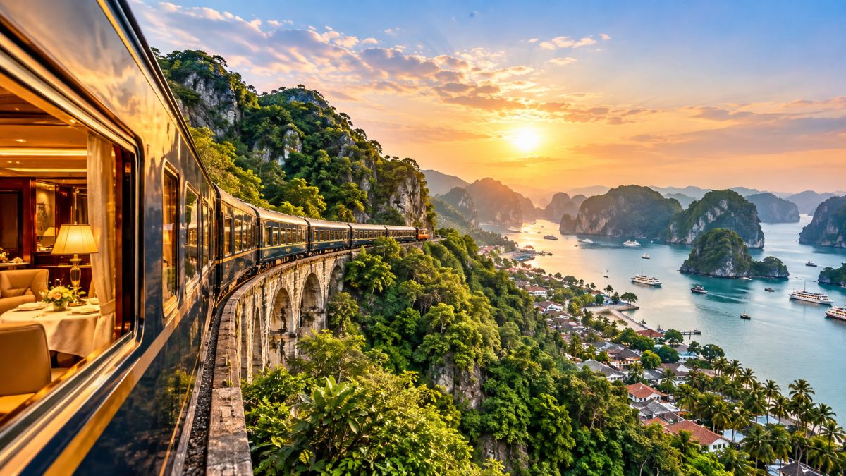Luxury train travelling through a scenic european landscape representing the expanding global luxury rail travel network